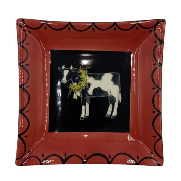 Elisabeth Pohle Cow Dish Square Wreath Brown Black White 2004 Blue Sky - Picture 1 of 6